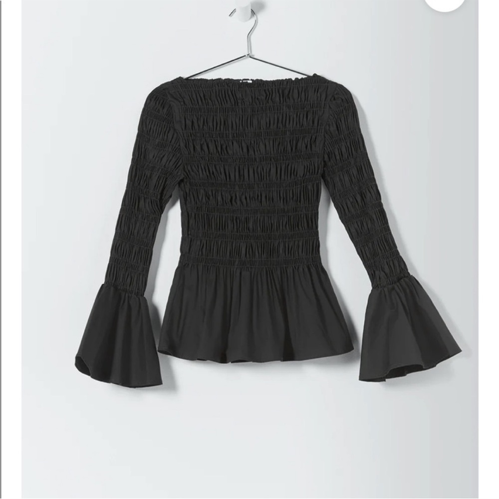 Who What Wear Black Smocked Bell-Sleeve Top